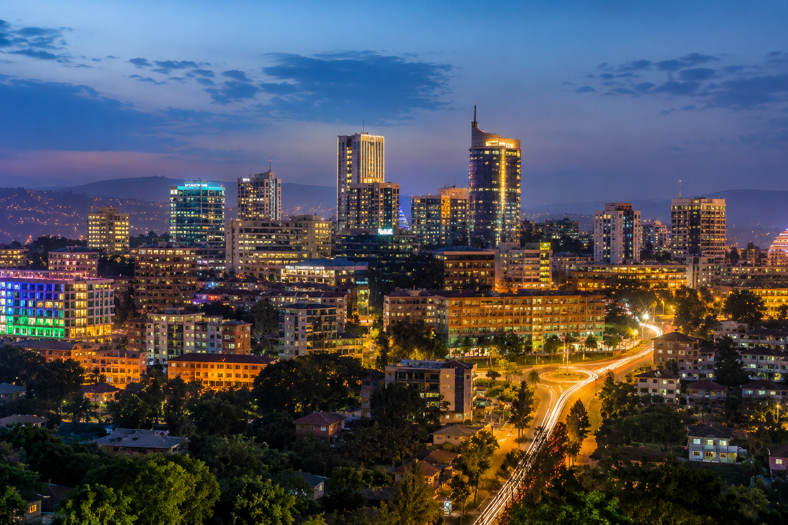 Kigali city skyline at night with illuminated buildings