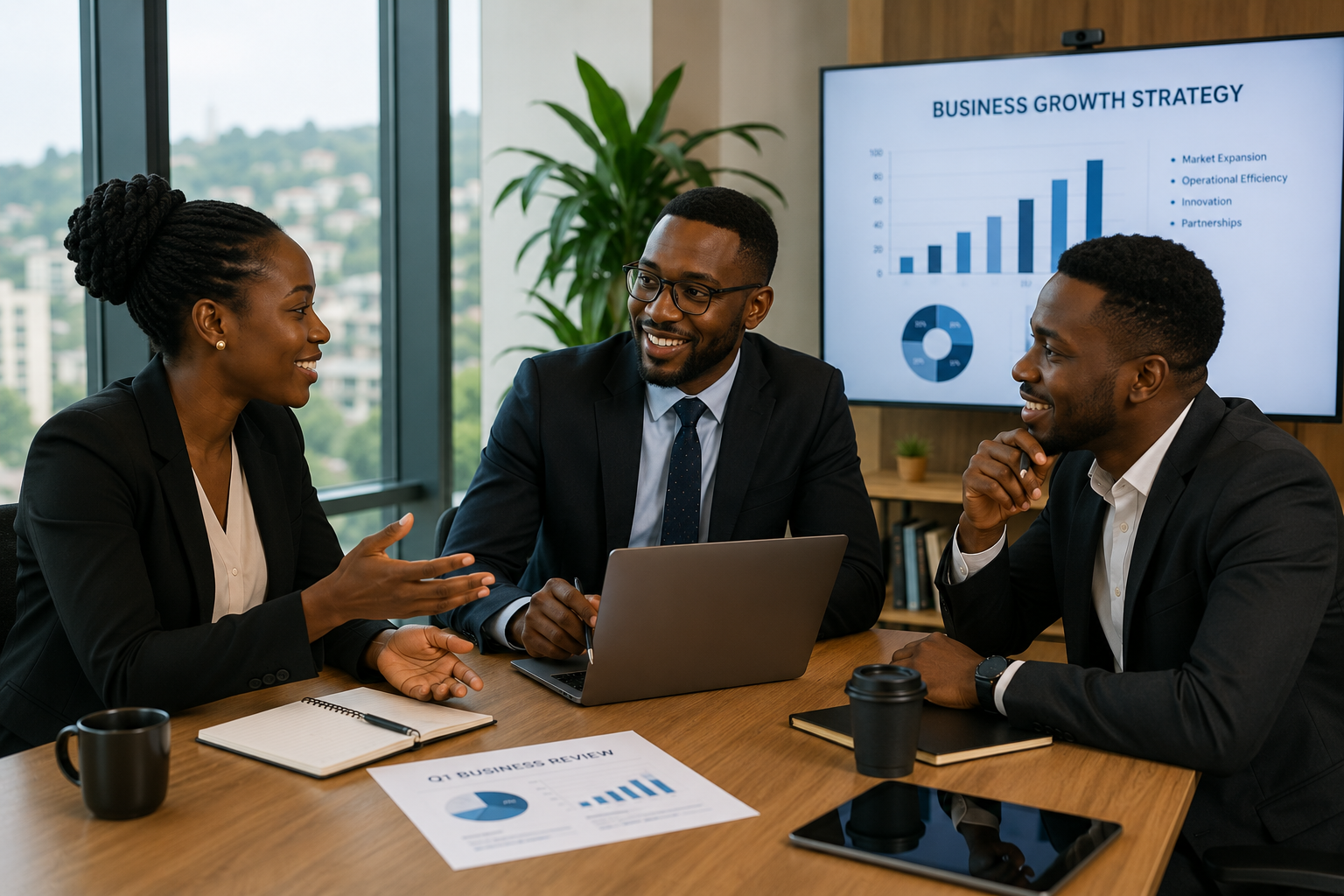 Professionals in an advisory meeting discussing investment opportunities
