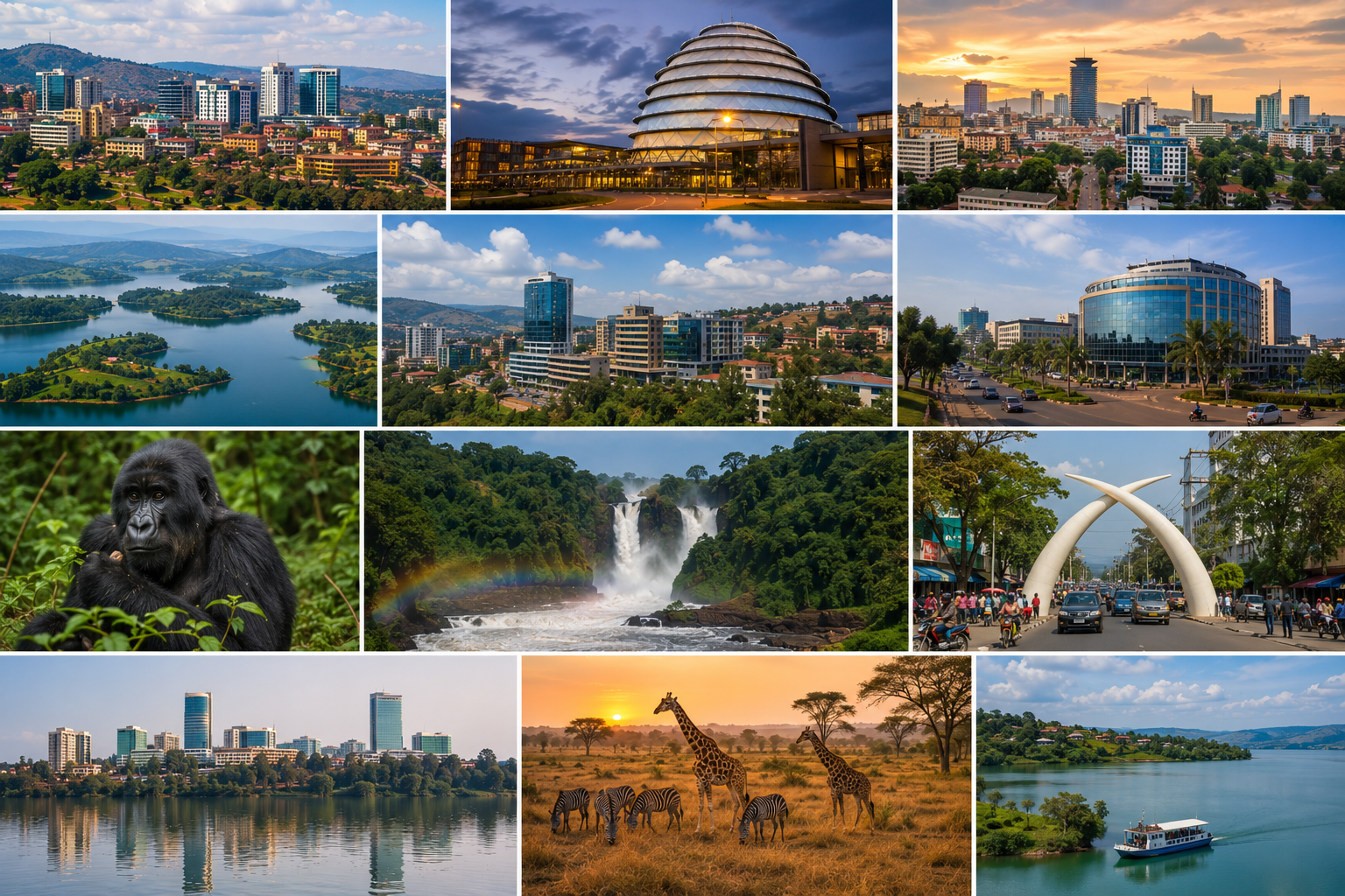 East Africa collage featuring Rwanda, Kenya, Tanzania, and Uganda